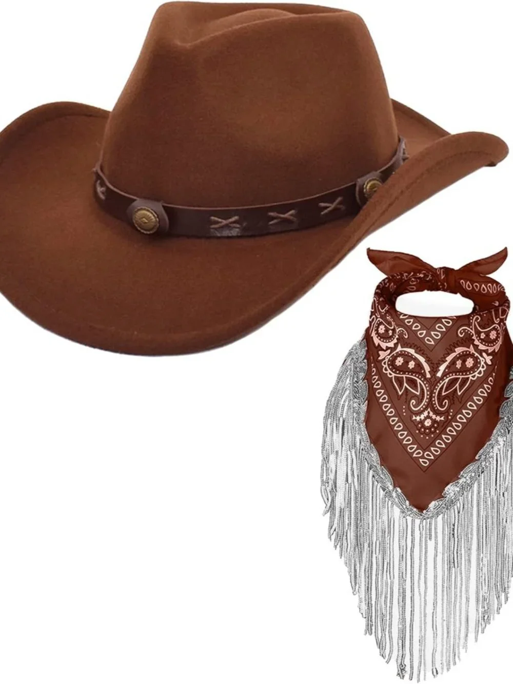 Hat with Fringed Bandana Set for Women Wide Brim Western Cowgirl Hat Paisley Hea